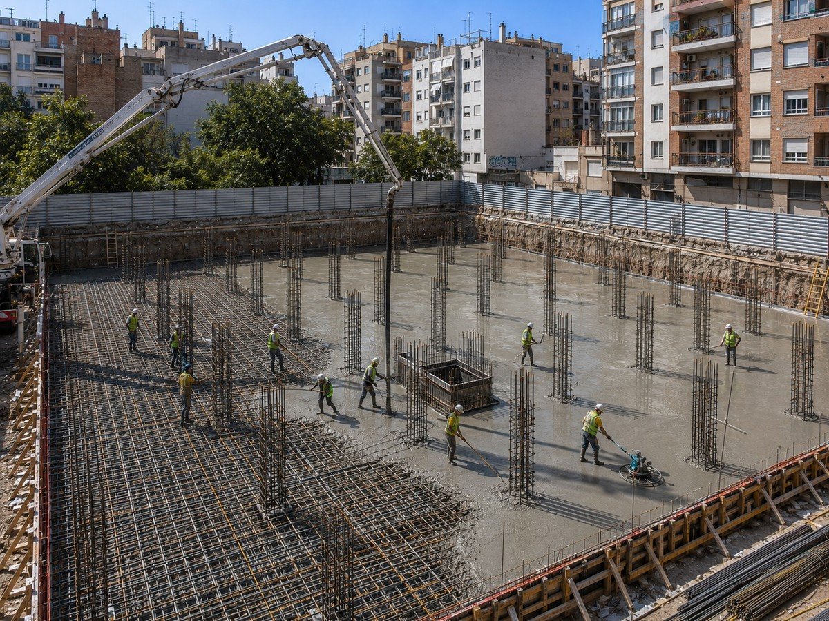 Hormigonado de una losa de cimentación con armaduras y equipo de obra