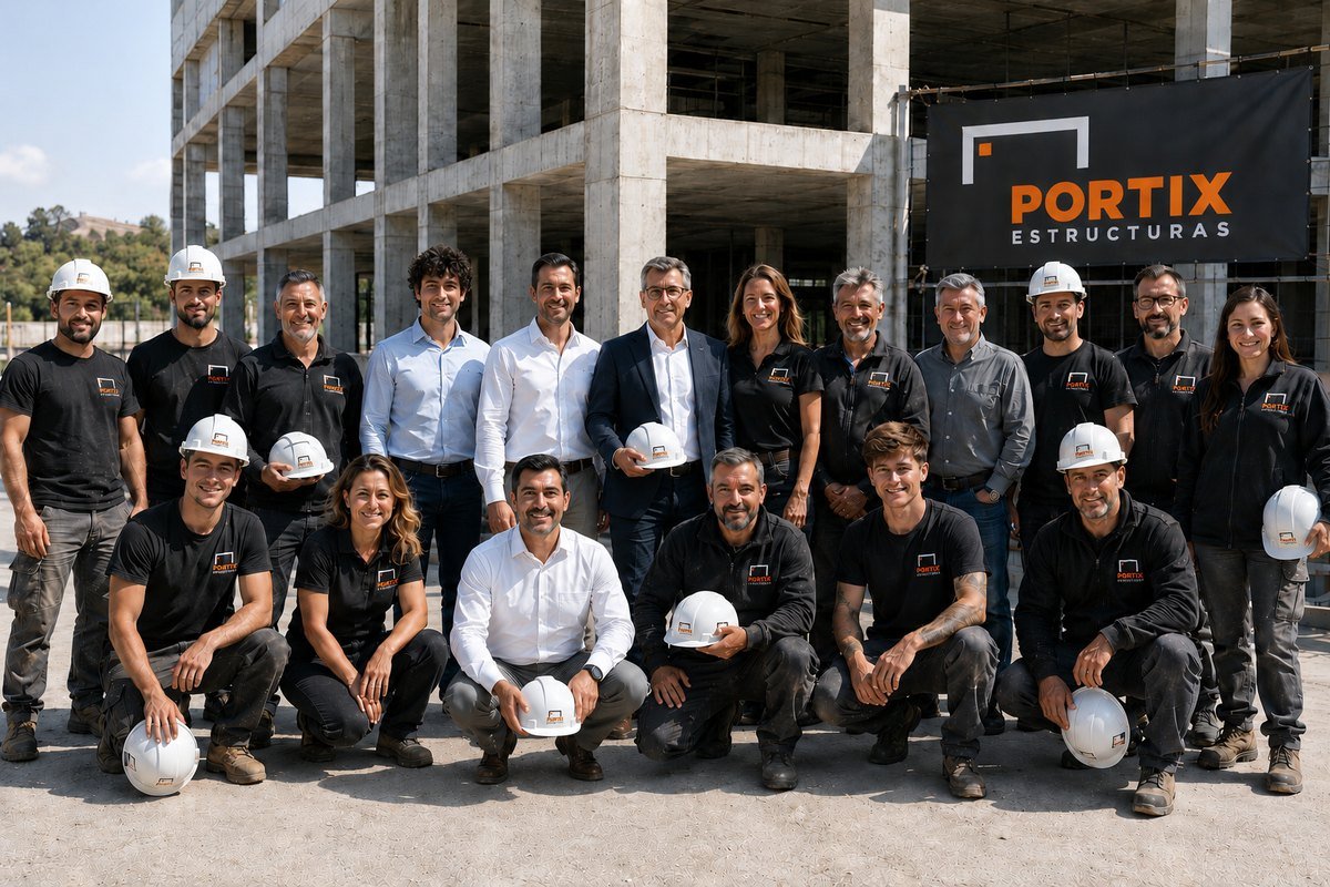 Equipo de Portix reunido frente a una estructura de hormigón
