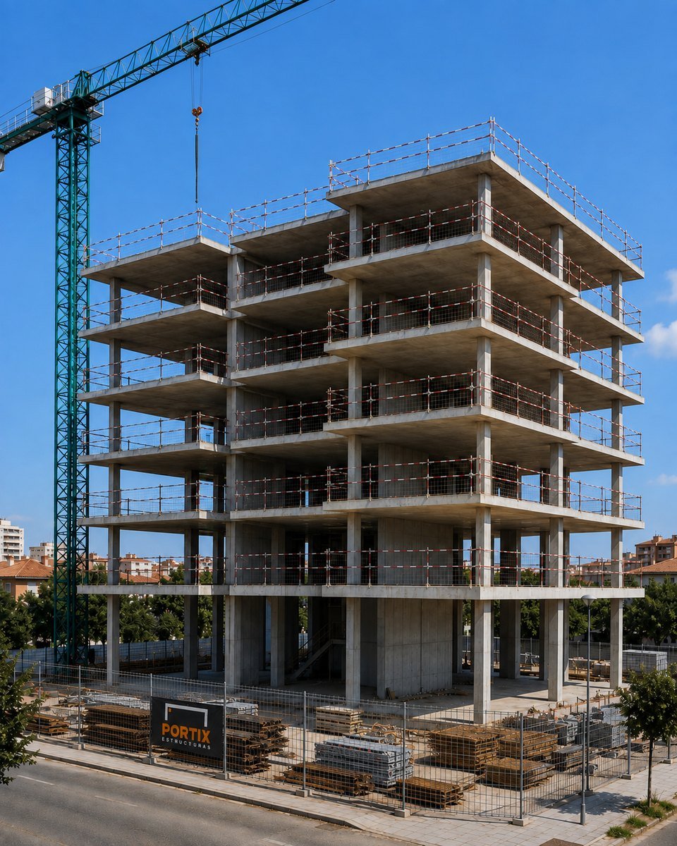 Estructura porticada de hormigón de varias plantas junto a una grúa torre