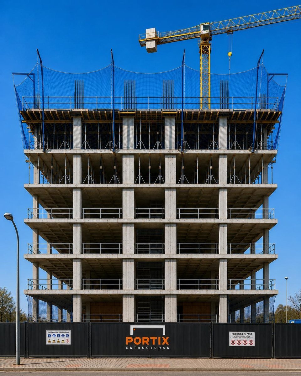 Estructura de hormigón armado en altura con encofrado y protección perimetral
