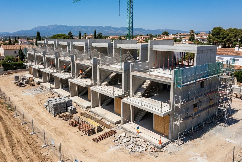 Estructuras de viviendas adosadas de hormigón en fase de obra